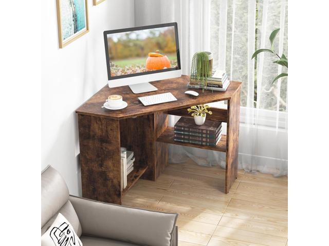 LDAILY Moccha Corner Desk, Space-Saving Triangle Computer Desk with Storage Shelves and Cable Holes, Multi-Functional Makeup Vanity Table for...