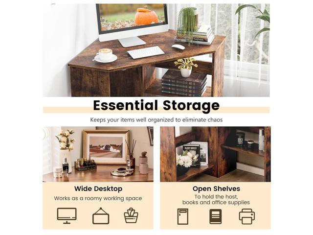LDAILY Moccha Corner Desk, Space-Saving Triangle Computer Desk with Storage Shelves and Cable Holes, Multi-Functional Makeup Vanity Table for...