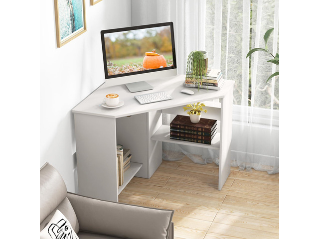 LDAILY Moccha Corner Desk, Space-Saving Computer Desk for Small Spaces, Vanity Desk with Storage Shelves & 2 Cable Holes, for Home Office, Living...