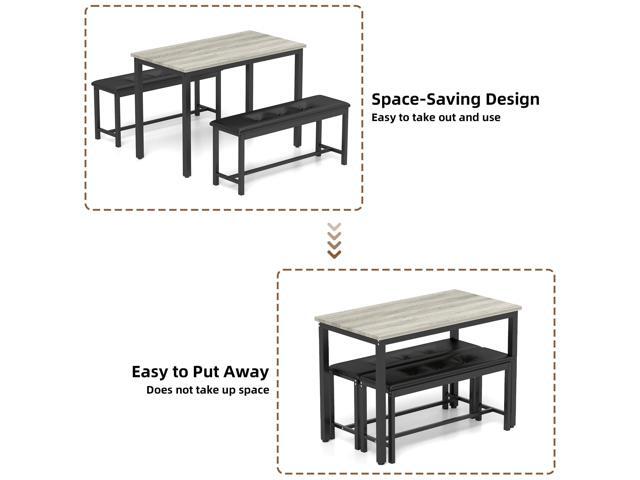 Dining Table Set for 4, Wood Kitchen Table & Chair with 2 Upholstered Benches for Breakfast Nook and Small Space, Grey