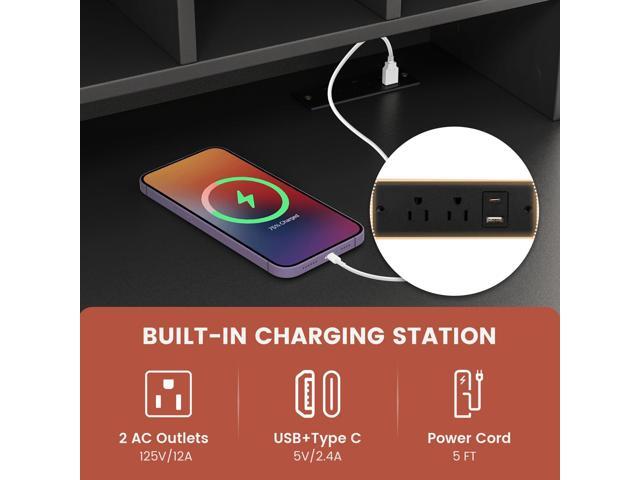 LDAILY Modern Home Office Desk with Hutch, Office Desk with USB Charging Ports and Power Outlets, Computer Desk with 5 Storage Cubbies and 2...
