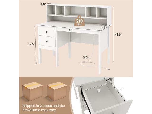 LDAILY Modern Home Office Desk with Hutch, Office Desk with USB Charging Ports and Power Outlets, Computer Desk with 5 Storage Cubbies and 2...