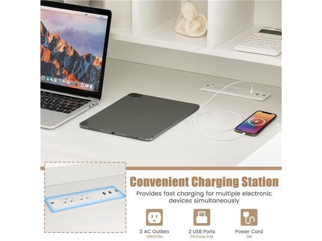 LDAILY Modern Home Office Desk with Hutch, Office Desk with USB Charging Ports and Power Outlets, Computer Desk with 5 Storage Cubbies and 2...