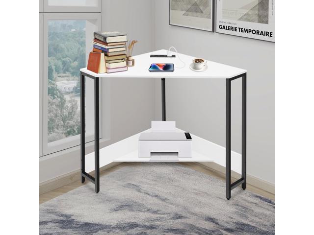 Corner Small Desk with Outlets, Triangle Desk with Storage, for Small Space Home Office, Workstation, Living Room, Bedroom (White)