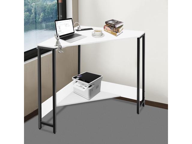 Corner Small Desk with Outlets, Triangle Desk with Storage, for Small Space Home Office, Workstation, Living Room, Bedroom (White)