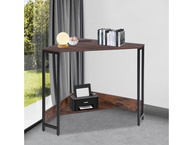 Corner Small Desk with Outlets, Triangle Desk with Storage, for Small Space Home Office, Workstation, Living Room, Bedroom (Brown)