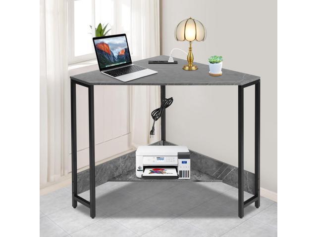 Corner Small Desk with Outlets, Triangle Desk with Storage, for Small Space Home Office, Workstation, Living Room, Bedroom (Grey)