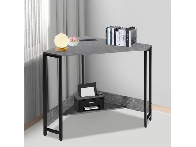 Corner Small Desk with Outlets, Triangle Desk with Storage, for Small Space Home Office, Workstation, Living Room, Bedroom (Grey)