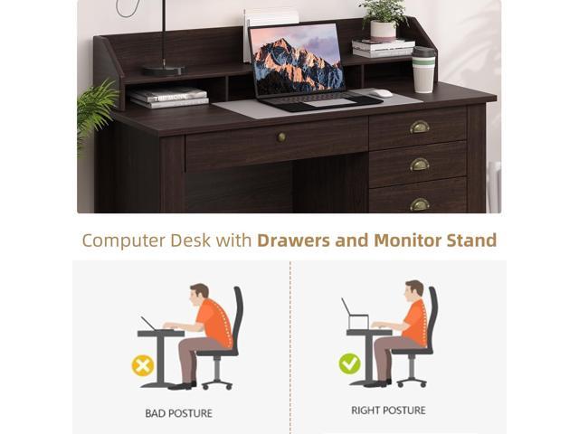 4 EVER WINNER Small Desk with Drawers, Office Desk with File Drawer and Monitor Stand, Writing Desk Study Table for Small Spaces, Espresso