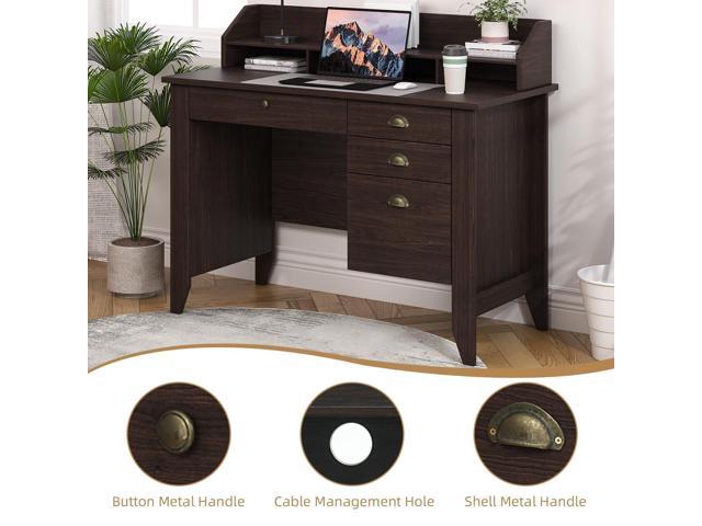 4 EVER WINNER Small Desk with Drawers, Office Desk with File Drawer and Monitor Stand, Writing Desk Study Table for Small Spaces, Espresso