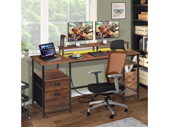 Panana 61.4' Computer Desk with Power Outlet and LED Lights, Desk with 2 Fabric File Cabinet Drawer, Large Reversible Gaming Desk with Shelves and...