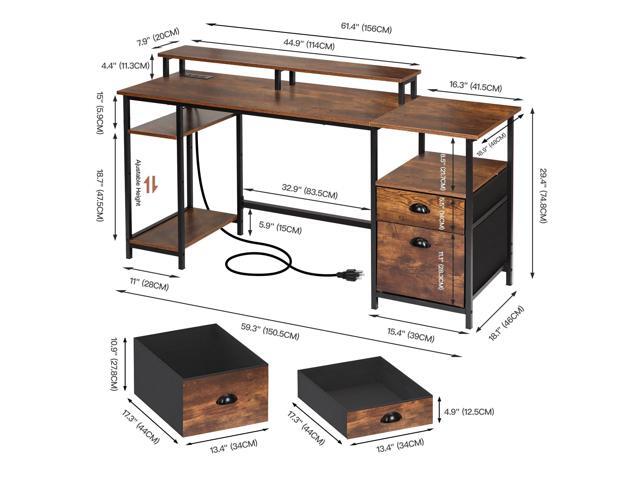 Panana 61.4' Computer Desk with Power Outlet and LED Lights, Desk with 2 Fabric File Cabinet Drawer, Large Reversible Gaming Desk with Shelves and...