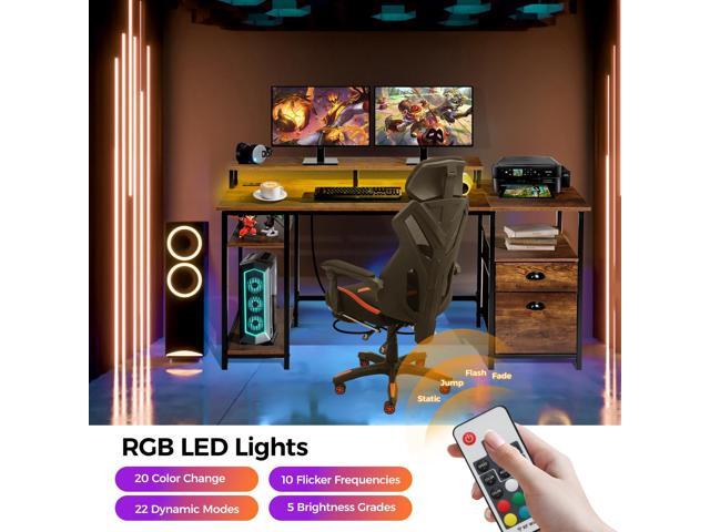 Panana 61.4' Computer Desk with Power Outlet and LED Lights, Desk with 2 Fabric File Cabinet Drawer, Large Reversible Gaming Desk with Shelves and...