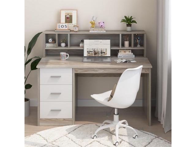 Home Office Desk with Drawers, 46' Small Desk for Bedroom, Computer Desk with Hutch and Drawers, Study Desk with Storage, White and Walnut