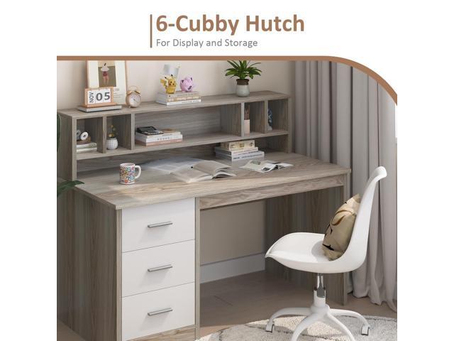 Home Office Desk with Drawers, 46' Small Desk for Bedroom, Computer Desk with Hutch and Drawers, Study Desk with Storage, White and Walnut