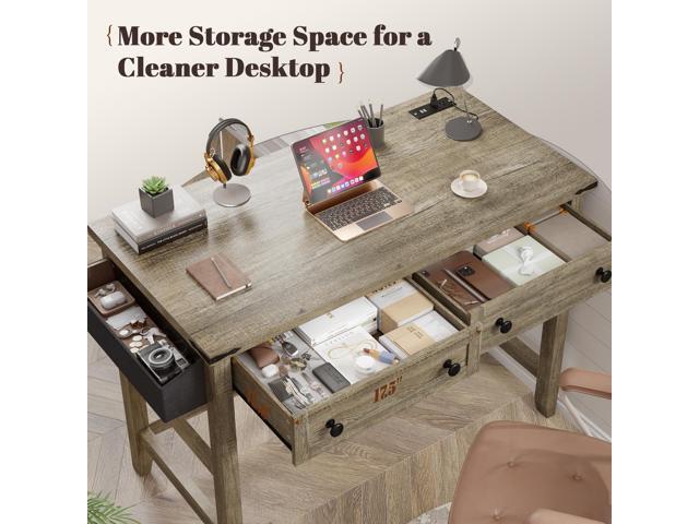EnHomee Small Desk for Bedroom, Computer Desk with Power Outlets for Home Office, Desks with Drawers and a Side Pocket,Vanity Desks for Bedroom,...