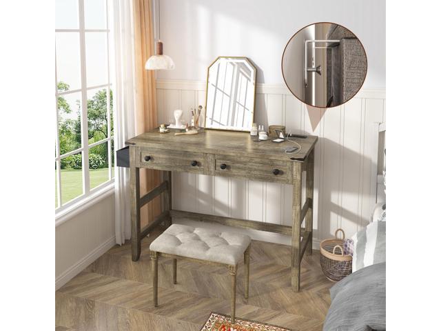 EnHomee Small Desk for Bedroom, Computer Desk with Power Outlets for Home Office, Desks with Drawers and a Side Pocket,Vanity Desks for Bedroom,...