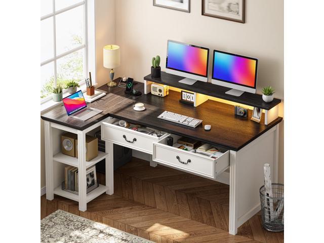 EnHomee 55' L Shaped Farmhouse Computer Desk with Drawers, Office Desk with Long Monitor Stand & Storage Shelves for Bedroom, Desk for Home Office,...
