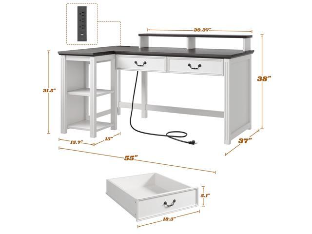 EnHomee 55' L Shaped Farmhouse Computer Desk with Drawers, Office Desk with Long Monitor Stand & Storage Shelves for Bedroom, Desk for Home Office,...