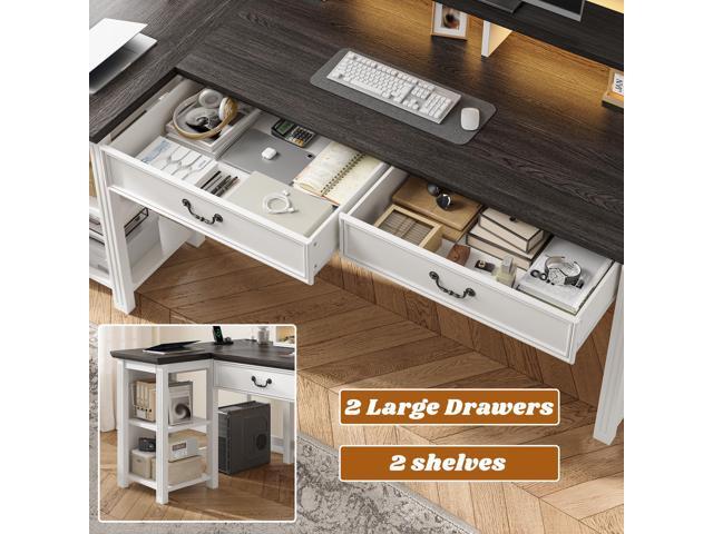 EnHomee 55' L Shaped Farmhouse Computer Desk with Drawers, Office Desk with Long Monitor Stand & Storage Shelves for Bedroom, Desk for Home Office,...