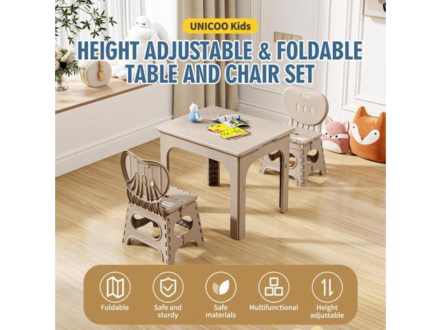 UNICOO Kids Foldable & Height Adjustable Table Set w/2 Folding Chairs, Compact, Collapsible & Portable, Toddler Activity, Picnic Table, Card...