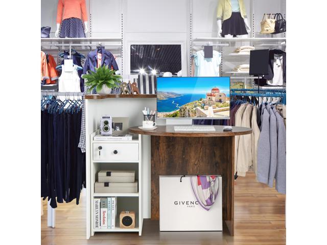 MAT EXPERT Reception Desk, Front Desk with Open Shelves, Lockable Drawer, Round Tabletop, Checkout Counter, Retail Counter, Computer Workstation...