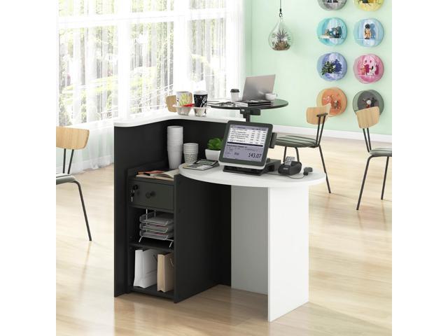 MAT EXPERT Reception Desk, Front Desk with Open Shelves, Lockable Drawer, Round Tabletop, Checkout Counter, Retail Counter, Computer Workstation...