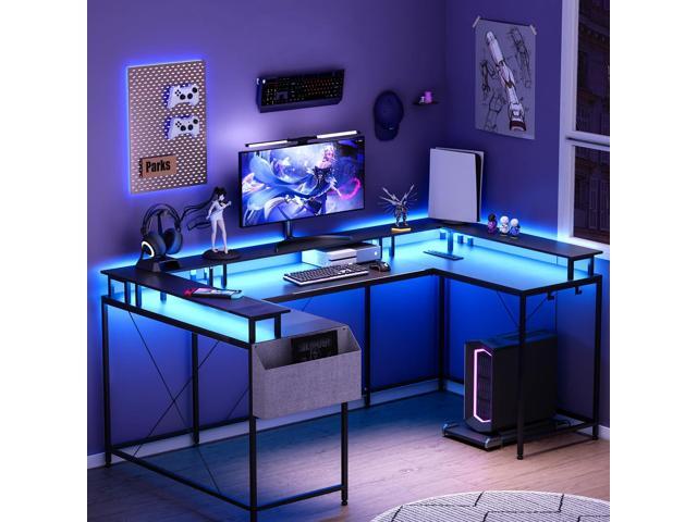 U-Shaped Table, Reversible L-Shaped Computer Gaming Table, Large Corner Table with LED Light Strip, Power Outlet, Monitor Stand, Storage Shelf for...