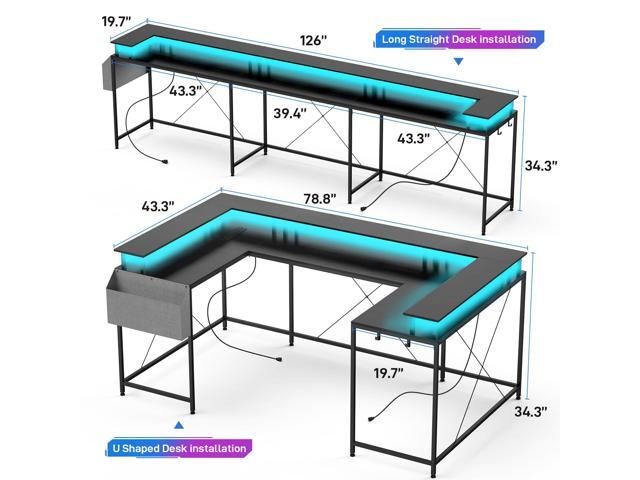 U-Shaped Table, Reversible L-Shaped Computer Gaming Table, Large Corner Table with LED Light Strip, Power Outlet, Monitor Stand, Storage Shelf for...