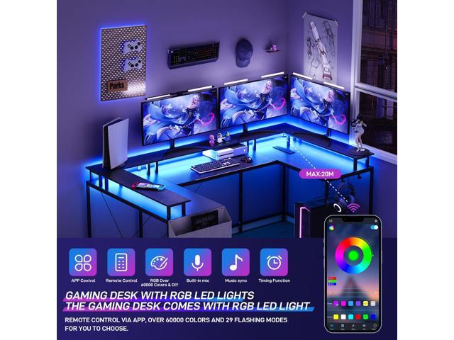 U-Shaped Table, Reversible L-Shaped Computer Gaming Table, Large Corner Table with LED Light Strip, Power Outlet, Monitor Stand, Storage Shelf for...