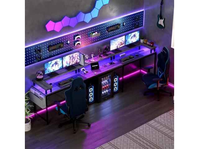 U-Shaped Table, Reversible L-Shaped Computer Gaming Table, Large Corner Table with LED Light Strip, Power Outlet, Monitor Stand, Storage Shelf for...