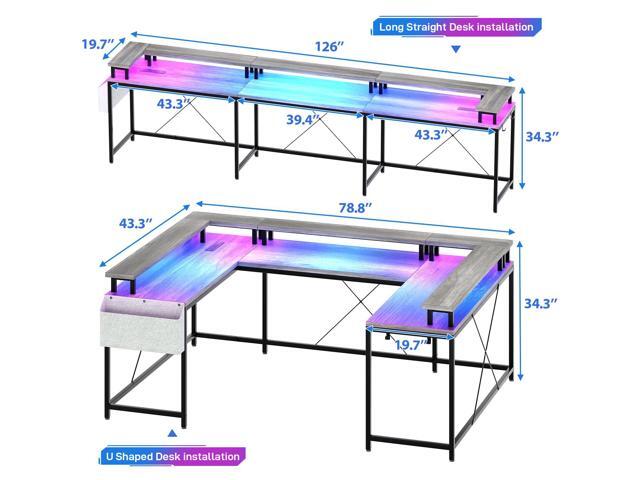 U-Shaped Table, Reversible L-Shaped Computer Gaming Table, Large Corner Table with LED Light Strip, Power Outlet, Monitor Stand, Storage Shelf for...