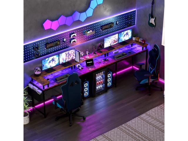 U-Shaped Table, Reversible L-Shaped Computer Gaming Table, Large Corner Table with LED Light Strip, Power Outlet, Monitor Stand, Storage Shelf for...