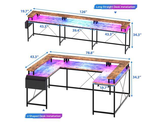 U-Shaped Table, Reversible L-Shaped Computer Gaming Table, Large Corner Table with LED Light Strip, Power Outlet, Monitor Stand, Storage Shelf for...