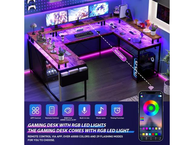U-Shaped Table, Reversible L-Shaped Computer Gaming Table, Large Corner Table with LED Light Strip, Power Outlet, Monitor Stand, Storage Shelf for...
