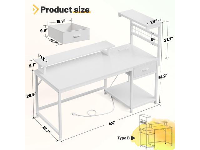 EnHomee 48' Computer Desk with Drawer & Storage Shelves, Home Office Desk with Monitor Stand, Gaming Desk with LED Lights & Power Outlets for...