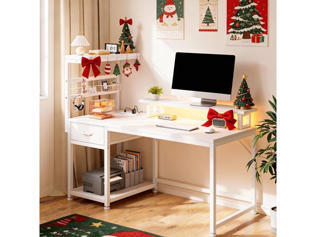 EnHomee 48' Computer Desk with Drawer & Storage Shelves, Home Office Desk with Monitor Stand, Gaming Desk with LED Lights & Power Outlets for...