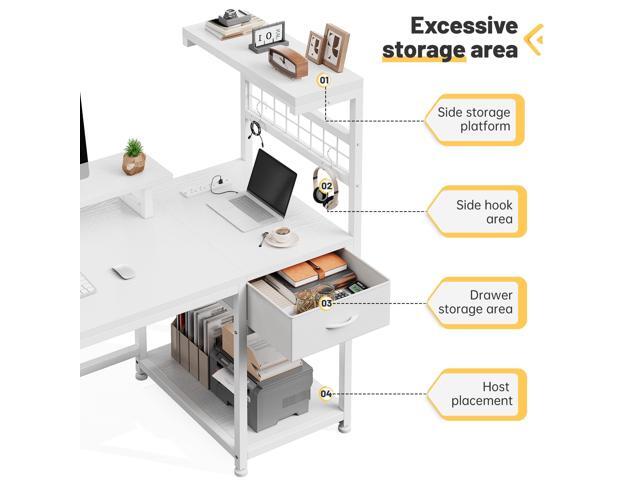 EnHomee 48' Computer Desk with Drawer & Storage Shelves, Home Office Desk with Monitor Stand, Gaming Desk with LED Lights & Power Outlets for...