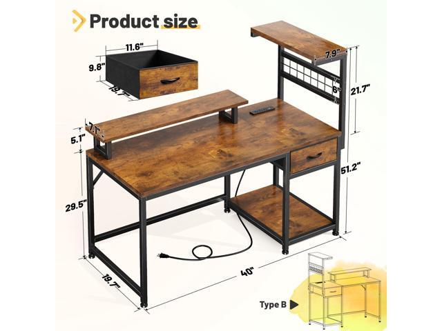 EnHomee 40' Computer Desk with Power Outlets & LED Lights, Gaming Desk with Drawer & Storage Shelves, Reversible Home Office Desk with Monitor...