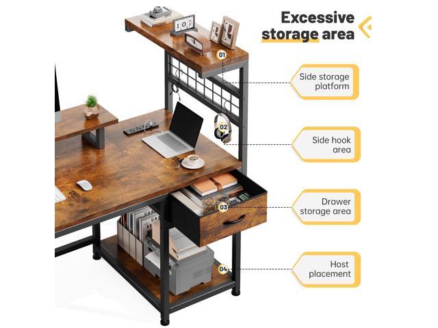 EnHomee 40' Computer Desk with Power Outlets & LED Lights, Gaming Desk with Drawer & Storage Shelves, Reversible Home Office Desk with Monitor...