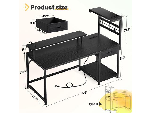 EnHomee 48' Computer Desk with Power Outlets & LED Lights, Gaming Desk with Drawer & Storage Shelves, Reversible Home Office Desk with Monitor...