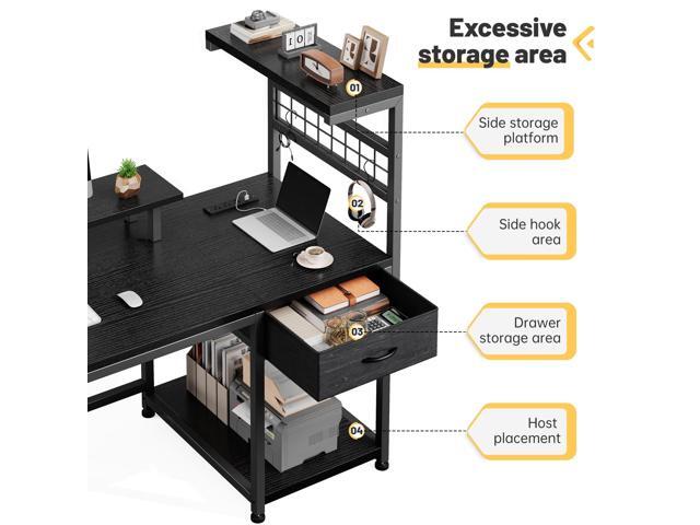 EnHomee 48' Computer Desk with Power Outlets & LED Lights, Gaming Desk with Drawer & Storage Shelves, Reversible Home Office Desk with Monitor...