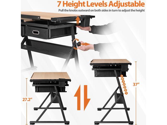 Drafting Table Drawing Desk w/Power Outlet, Art & Craft Work Station Height Adjustable Tilting Tabletop Craft Table Desk w/Stool and 2 Storage...
