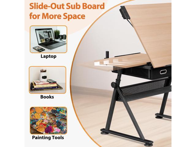 Drafting Table Drawing Desk w/Power Outlet, Art & Craft Work Station Height Adjustable Tilting Tabletop Craft Table Desk w/Stool and 2 Storage...
