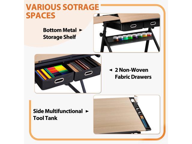 Drafting Table Drawing Desk w/Power Outlet, Art & Craft Work Station Height Adjustable Tilting Tabletop Craft Table Desk w/Stool and 2 Storage...