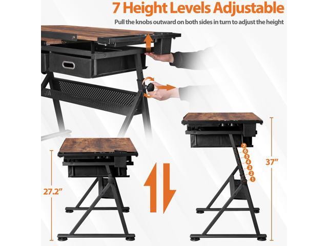 Drafting Table Drawing Desk w/Power Outlet, Art & Craft Work Station Height Adjustable Tilting Tabletop Craft Table Desk w/Stool and 2 Storage...