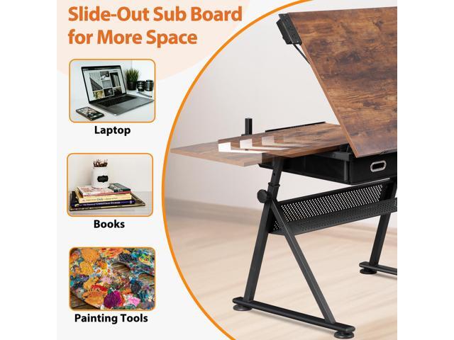 Drafting Table Drawing Desk w/Power Outlet, Art & Craft Work Station Height Adjustable Tilting Tabletop Craft Table Desk w/Stool and 2 Storage...