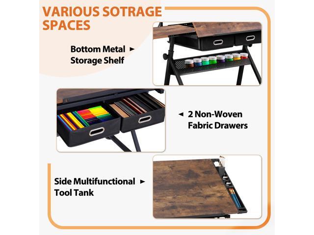 Drafting Table Drawing Desk w/Power Outlet, Art & Craft Work Station Height Adjustable Tilting Tabletop Craft Table Desk w/Stool and 2 Storage...