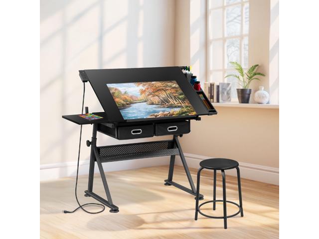 ZENY Adjustable Drafting Table with Stool, Tilting Drawing Desk Artist Table with Storage Drawers, Art Craft Workstation for Home Office Reading,...