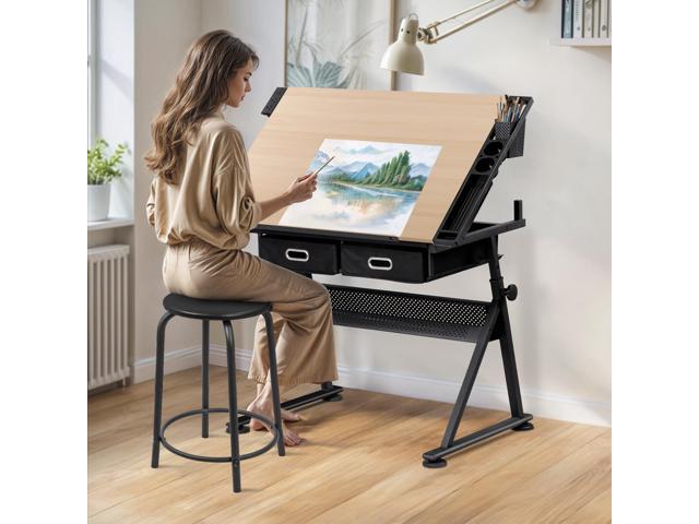 HomGarden Height Adjustable Drafting Desk Drawing Table Art Craft Work Station w/Stool, Power Outlet and Storage Drawers for Home Office Study...